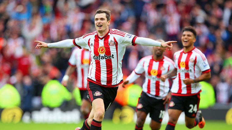 Adam Johnson of Sunderland celebrates scoring against Newcastle