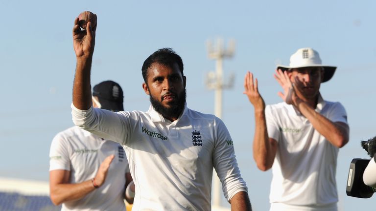 ABU DHABI, UNITED ARAB EMIRATES - OCTOBER 17:  Adil Rashid of England salutes the crowd as he leaves the field after claiming 5 wicket haul during day five