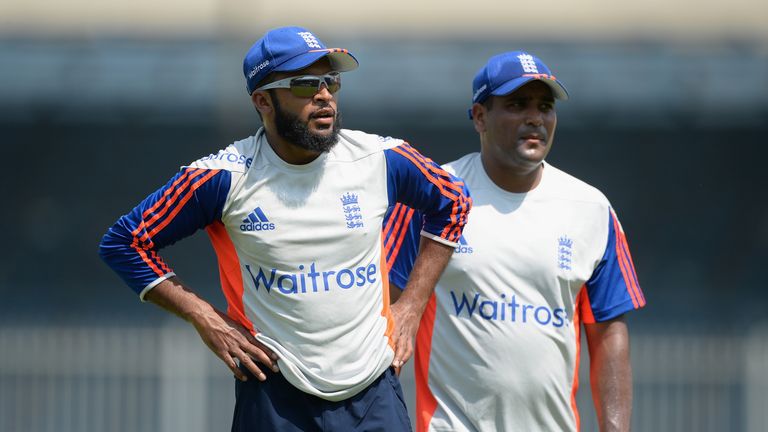 Adil Rashid and Samit Patel of England ahead of a net session at Sharjah Cricket Stadium