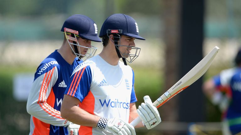 Cook and Alex Hales prepare to bat during nets
