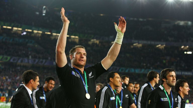 Ali Williams celebrates with the rest of the All Blacks after winning the 2011 World Cup