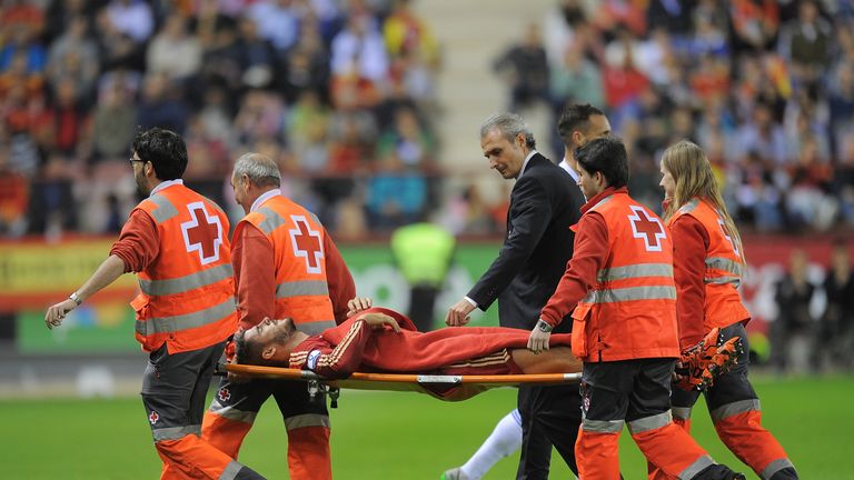 Alvaro Morata of Spain taken off injured during the UEFA EURO 2016 Qualifier group C match between Spain and Luxembourg at Estadio Municipal Las Gaunas 