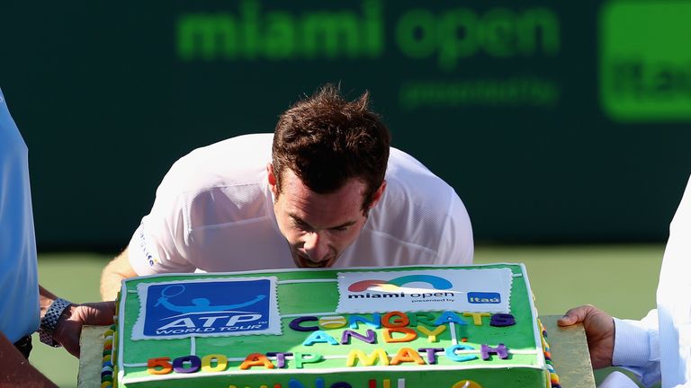 Murray celebrates his 500th ATP Tour victory against Kevin Anderson during the Miami Masters
