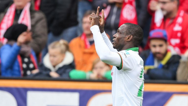 Anthony Ujah celebrates scoring for Werder Bremen