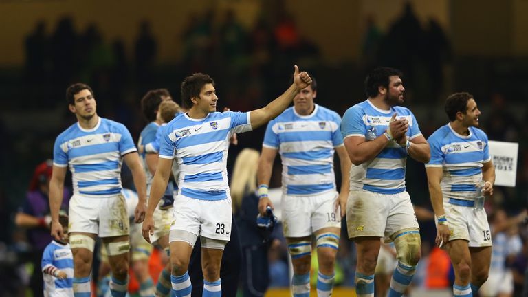 Argentina celebrate their famous 43-20 victory over Ireland 