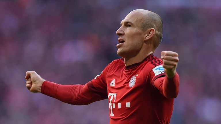 Arjen Robben celebrates scoring for Bayern Munich