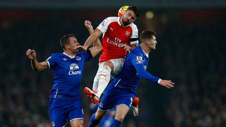 Olivier Giroud, Phil Jagielka and John Stones battle for the ball, Arsenal v Everton, Premier League
