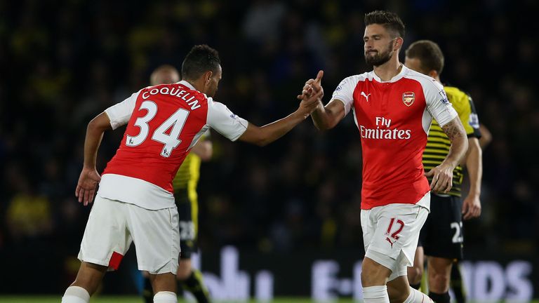 Arsenal's Olivier Giroud (right) celebrates with Francis Coquelin 