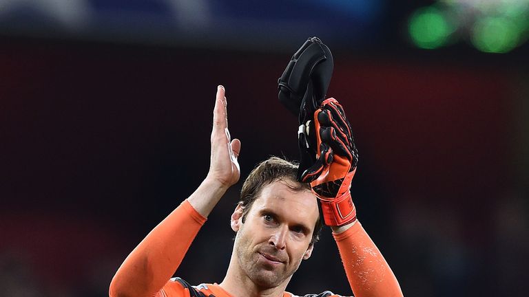 Petr Cech acknowledges the fans after Arsenal's 2-0 win over Bayern Munich.