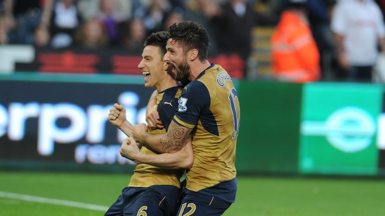 Arsenal's Laurent Koscielny puts the Gunners 2-0 up against Swansea