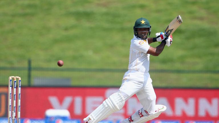 Asad Shafiq of Pakistan bats during Day Two of the First Test between Pakistan and England at Zayed Cricket Stadium 