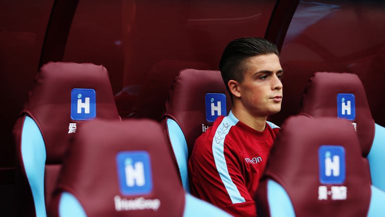 Aston Villa's Jack Grealish  is seen on the bench prior to kick-off against Stoke.