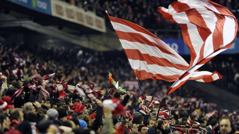 Athletic Bilbao's fans celebrate the team's victory during the Spanish Cup football match Athletic Bilbao vs Mirandes, on February 7, 2012 at the San Mames