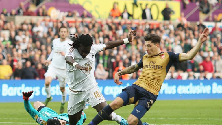 Bafetimbi Gomis could have given Swansea the lead but he was denied by an excellent Hector Bellerin tackle
