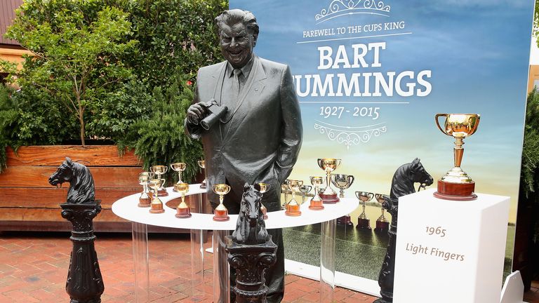 The Bart Cummings statue with his 12 Melbourne Cups