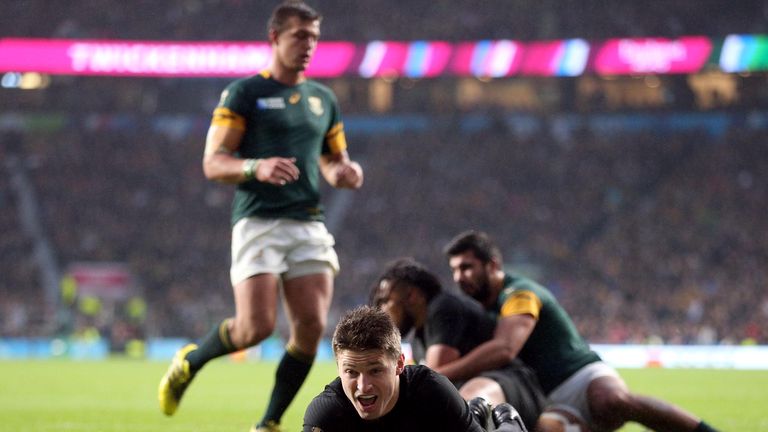 New Zealand's Beauden Barrett scores his side's second try during the Rugby World Cup, Semi Final at Twickenham Stadium, London.