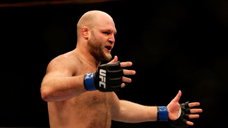 Ben Rothwell celebrates defeating Brendan Schaub in a knockout during their heavyweight bout for UFC 145 at Philips Arena on April