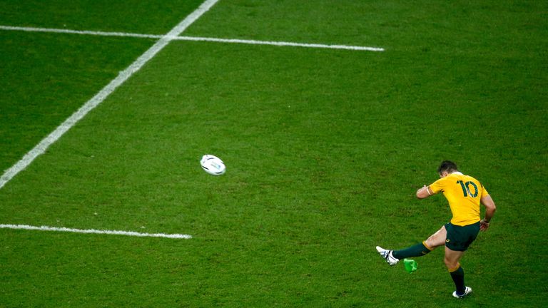 Bernard Foley of Australia kicks the match winning penalty during the 2015 Rugby World Cup Quarter Final match between Australia and Scotland