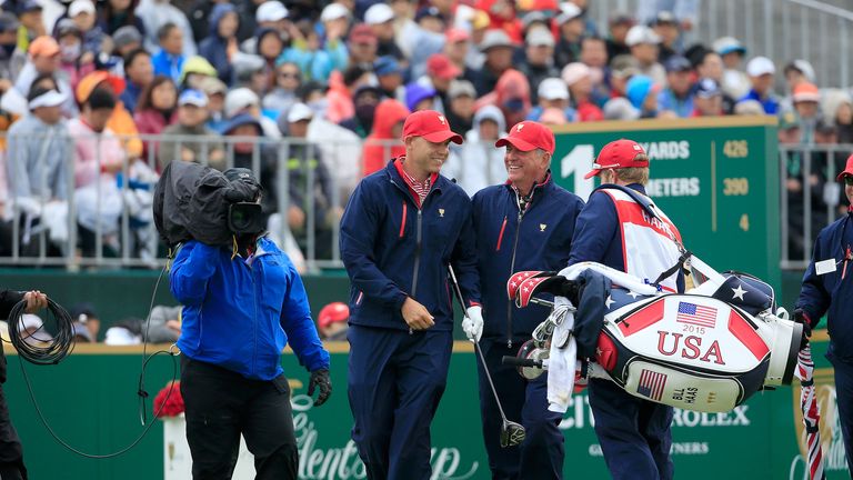 INCHEON CITY , SOUTH KOREA - OCTOBER 11:  Bill Haas of the United States team with his father the United States team captain Jay Haas