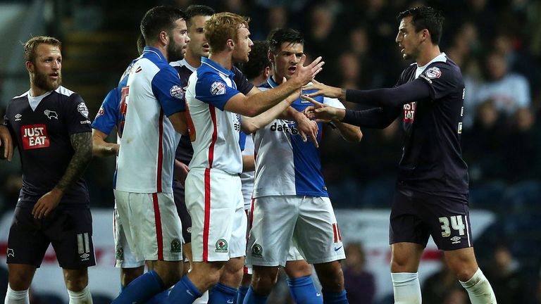 Players from both sides clash during the Sky Bet Championship match between Blackburn Rovers and Derby County 