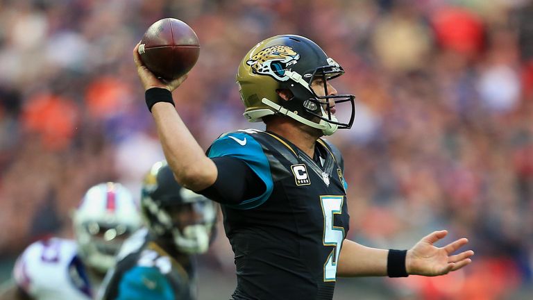 Blake Bortles #5 of the Jacksonville Jaguars throws against the Buffalo Bills during the NFL game at Wembley Stadium on Octo