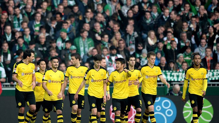 Henrikh Mkhitaryan of Dortmund celebrates after scoring his team's 2nd goal during the Bundesliga match between Werder Bremen and Borussia Dortmund