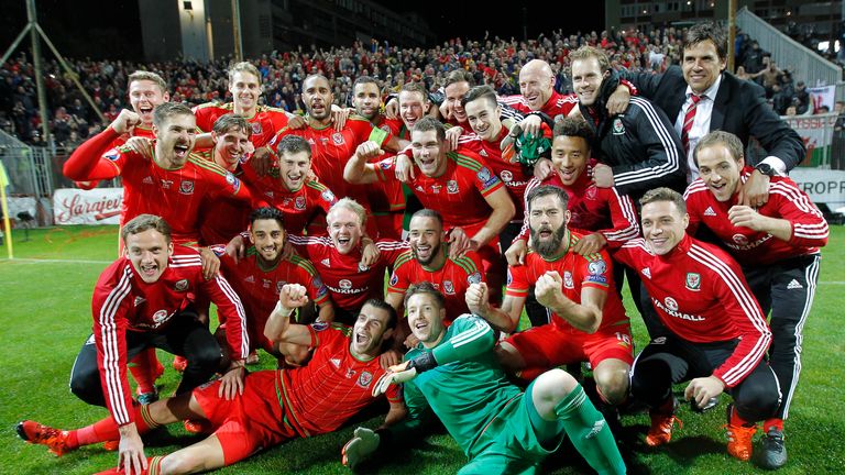 Players of Wales national team celebrate qualifying for Euro 2016. 