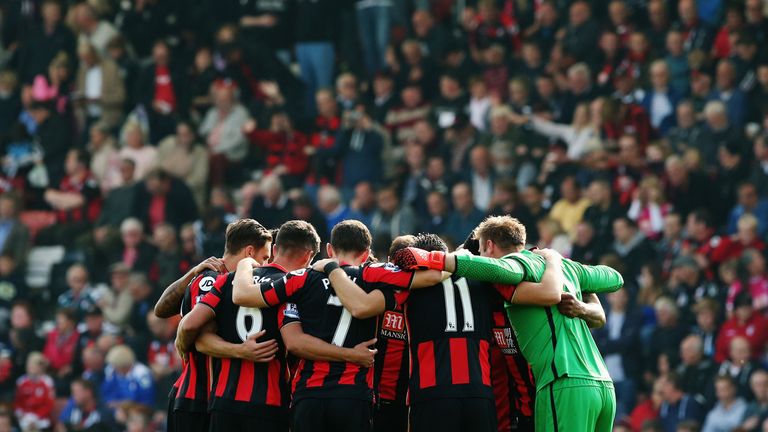 Bournemouth players form a huddle prior to kick-off against Watford at Vitality Stadium