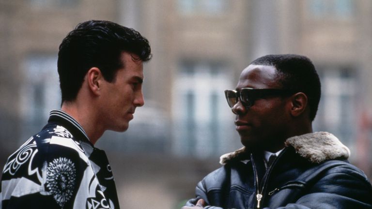 British boxers Chris Eubank (right) and Gary Stretch face each other at a London press conference before their WBO Middleweight title fight, 26th February 