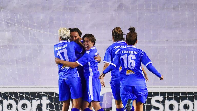 Brescia celebrate after Barbara Bonansea put them in front at Liverpool