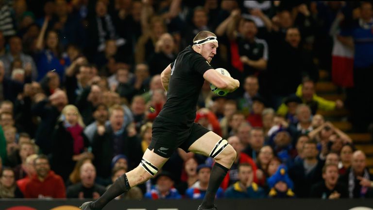  Brodie Retallick of the New Zealand All Blacks breaks away to score his team's first try against France 