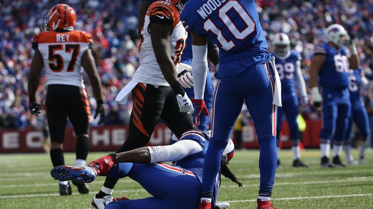 Sammy Watkins of the Buffalo Bills goes down with an injury after scoring a touchdown against the Cincinnati Bengals.