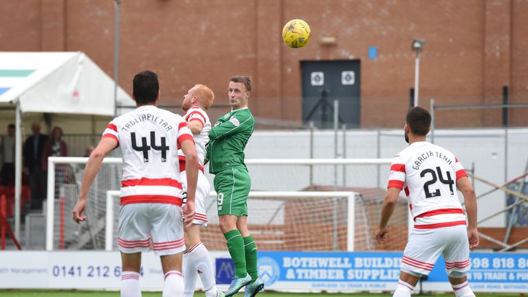 Celtic's Leigh Griffiths (2nd from right) heads it home to put his side 2-1 up at Hamilton