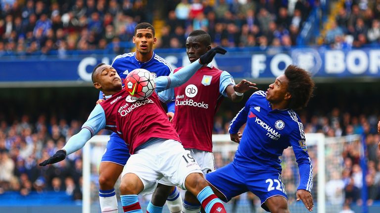 LONDON, ENGLAND - OCTOBER 17:  Willian of Chelsea and Jordan Ayew of Aston Villa compete for the ball during the Barclays Premier League match between Chel