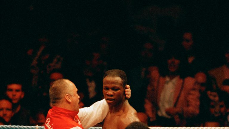 British boxer Chris Eubank with his cornermen after successfully defending  his WBO Middleweight title against Gary Stretch at the Earls Court Exhibition H