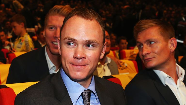 2015 winner Chris Froome (l) of Great Britain attends the 2016 Tour de France Route Presentation in Paris