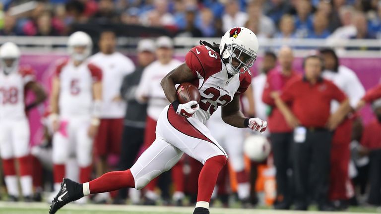 DETROIT MI - OCTOBER 11: Chris Johnson #23 of the Arizona Cardinals runs the ball in the second quarter while playing the Detroit Lions on October 11, 2015