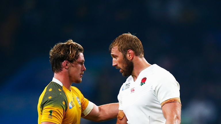 Chris Robshaw of England (right) shakes hands with Michael Hooper of Australia  during the 2015 Rugby World Cup Pool A match between 