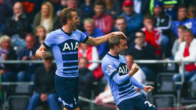 Christian Eriksen (R) of Tottenham Hotspur celebrates scoring Tottenham's second goal with Harry Kane