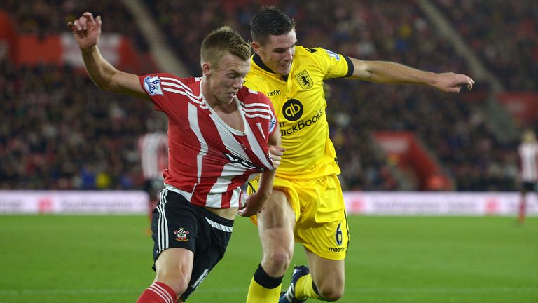 Aston Villa's Ciaran Clark (right) and Southampton's James Ward-Prowse battle for the ball during the Capital One Cup, Fourth Round match at St Mary's