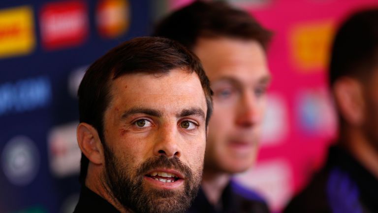 Conrad Smith speaks during a New Zealand media session at the Oatlands Park Hotel