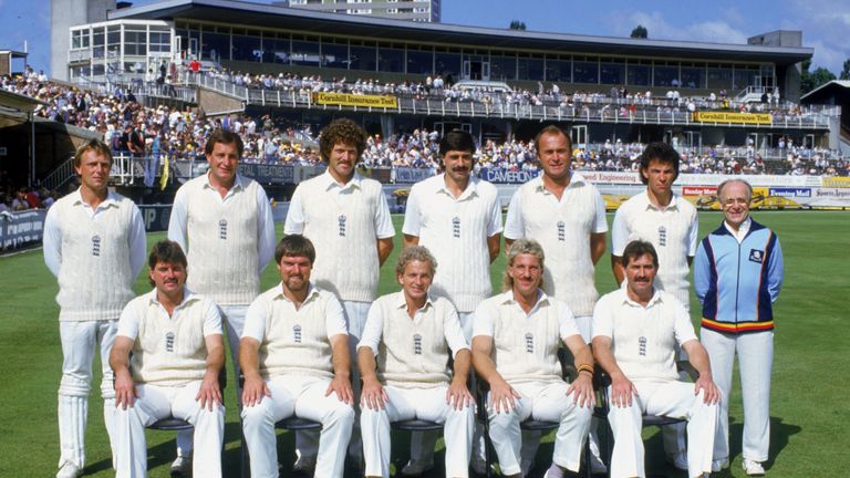 The England cricket team at Edgbaston during the 5th Test in the Ashes series, August 1985.