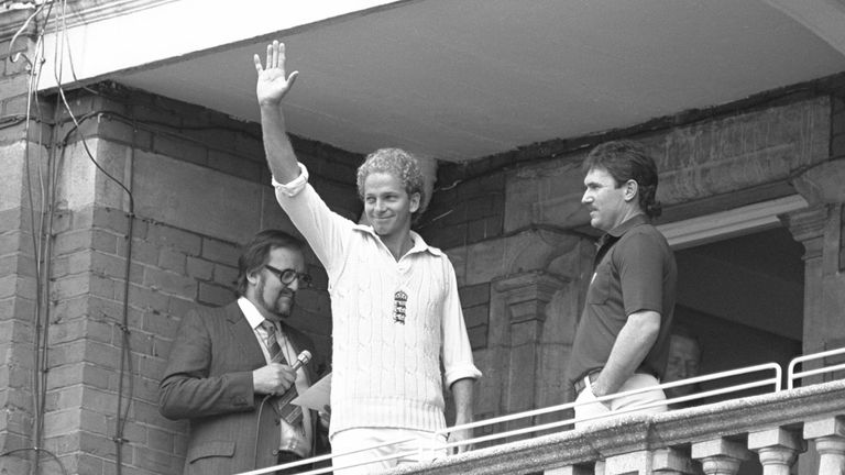 David Gower of England on the balcony with Allan Border of Australia (right) after England's victory in the 1985 Ashes