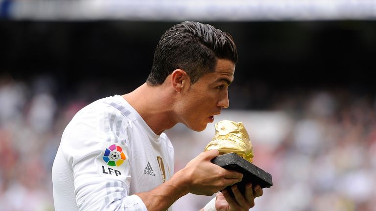 Cristiano Ronaldo of Real Madrid poses with his Golden Shoe award