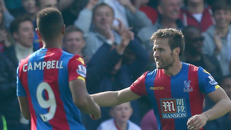 Crystal Palace's Yohan Cabaye (right) celebrates with teammate Frazier Campbell after scoring his side's second goal of the matc