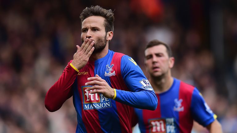 Yohan Cabaye of Crystal Palace celebrates scoring his team's first goal from the penalty spot