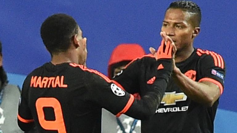 Manchester United's players celebrate after Anthony Martial'a goal against CSKA Moscow