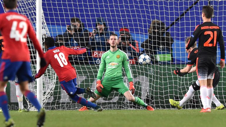 Manchester United's David De Gea (C) reacts after CSKA score