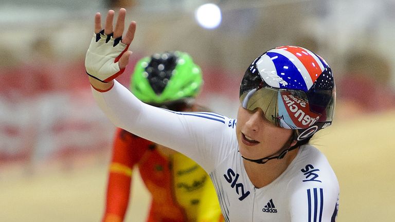 Britain's Laura Trott celebrates after she won the Women's Scratch final race 