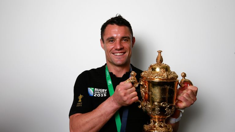 Dan Carter poses with the Webb Ellis Cup after New Zealand defeated Australia